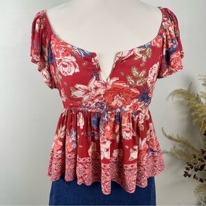 Angie Boho Red Floral Babydoll Peplum Flutter Sleeve Top Medium V Notch Neck